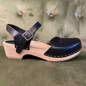 Swedish Hasbeens - Black Leather Covered Toe Sandal Clog with Low Wooden Heel